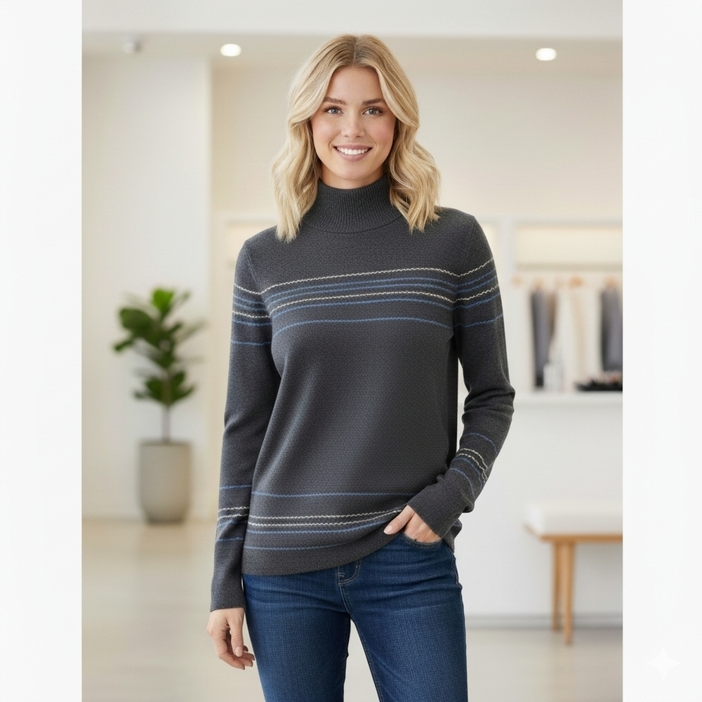 Tahari XL Mock Neck Knit Sweater Gray Cotton Blend Pullover Smart Casual Chic